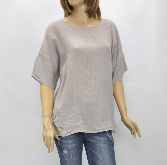 Import włoska Letnia lniana bluzka damska po bokach ozdobiona guzikami beż