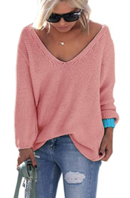 Mikos Luźny Sweter damski w serek z dużym dekoltem w kształcie litery V 617 - pudrowy róż