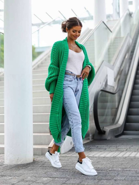 Długi sweter kardigan Cocomore wiązany paskiem zielony