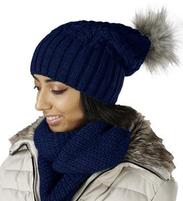 Mikos Damen Frauen Strickmütze Mütze | Herbst Winter | Beanie Mit Kunstfellbommel | Kristalle Kiesel mit Pelz Bommel Pompon (660)