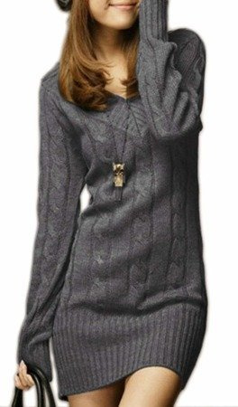 Mikos Sexy Damen Lang Tunika Pullover Strickpullover mit V-Ausschnitt Japan Style Korea Fashion!! Langarm Pulli Lose Strickjacke Knitwear Sweater (925)