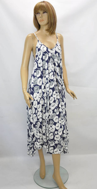 Import włoska długa sukienka letnia plażowa na cienkich ramiączkach wzór kwiatowy granatowa