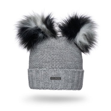 Mikos Polska klasyczna ciepła Damska czapka zimowa gruby splot wełna podwójna podszyta polarem z dwoma dużymi pomponami na narty polski producent polski produkt 689 szary