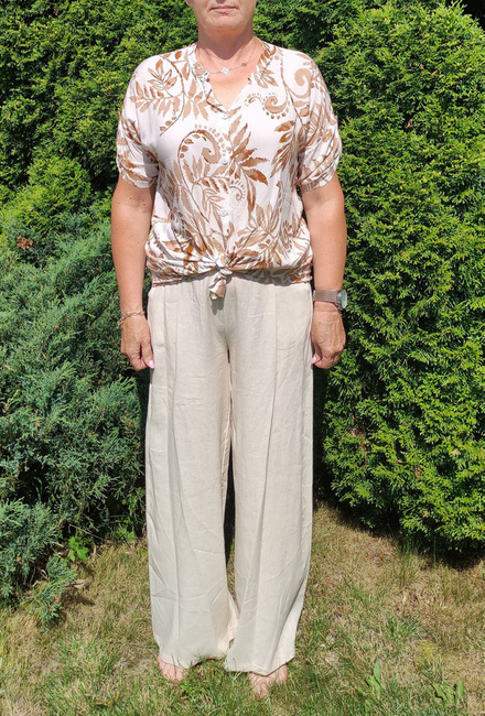 Import Włochy Moda Italia komplet bluzka + spodnie 100% bawełna zwiewne szeroka nogawka z paskiem kolor jasny beż