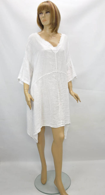 Import Włoska sukienki damska Letnia sukienka lniana asymetryczna z dekoltem w serek biała z lnu