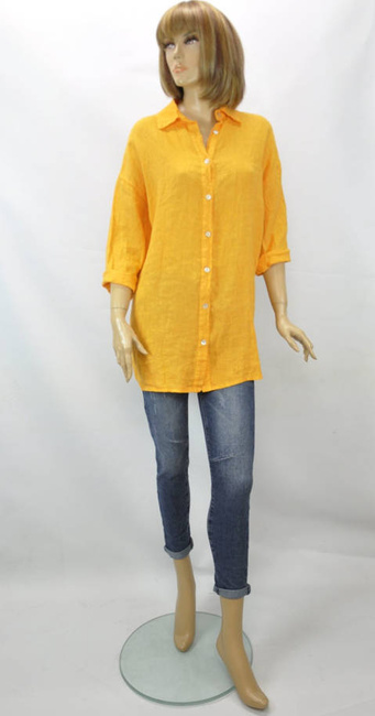 Import włoska długa bluzka koszula 100% len na lato na upały kolor pomarańczowy