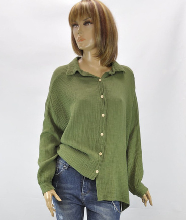 Import włoska długa bluzka koszula muślinowa z długim rękawem zielony