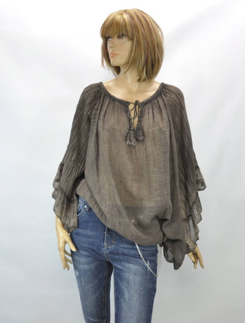 Import włoska damska letnia Cienka zwiewna bluzka damska z szerokim rękawem zakończonym falbanką i dekoltem regulowanym troczkami