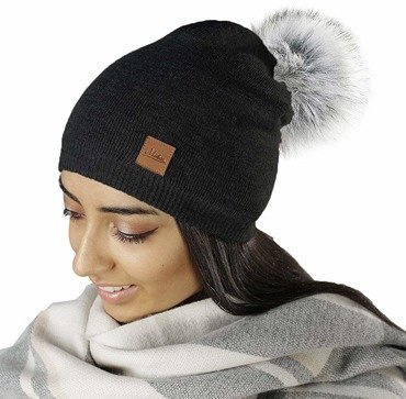 Mikos Damen Frauen Strickmütze Mütze | Herbst Winter | Beanie Mit Kunstfellbommel | Kristalle Kiesel mit Pelz Bommel Pompon (660)