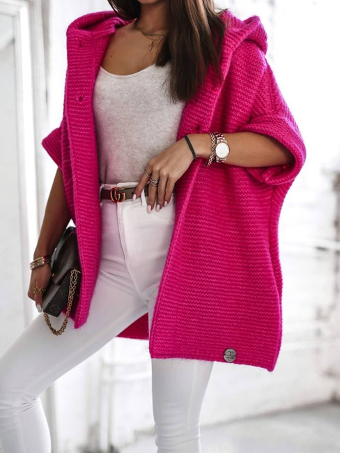 Kardigan Cocomore sweter z kapturem i krótkim rękawem fuksja
