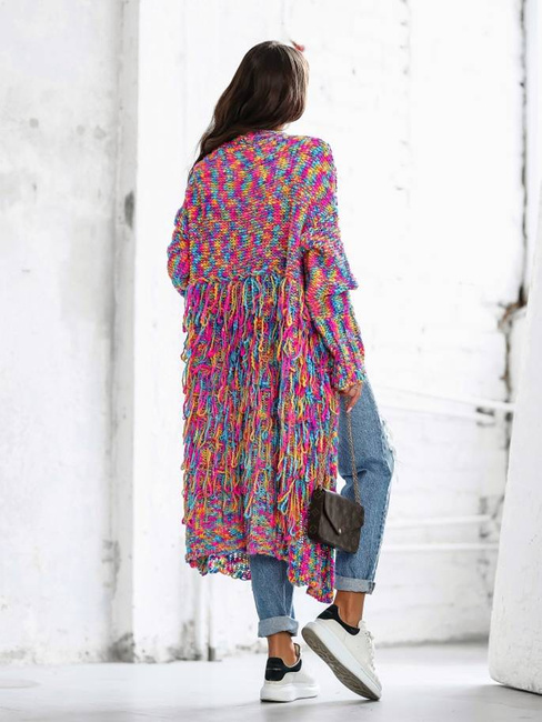 Cocomore swetry Długi kardigan sweter damski z frędzlami do połowy multikolor