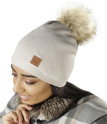 Mikos Damen Frauen Strickmütze Mütze | Herbst Winter | Beanie Mit Kunstfellbommel | Kristalle Kiesel mit Pelz Bommel Pompon (660)