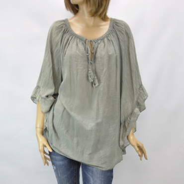 Import włoska damska letnia Cienka zwiewna bluzka damska z szerokim rękawem zakończonym falbanką i dekoltem regulowanym troczkami