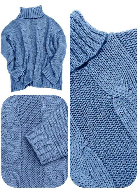 Mikos ciepły luźny sweter damski w warkocz z golfem 692 jeans