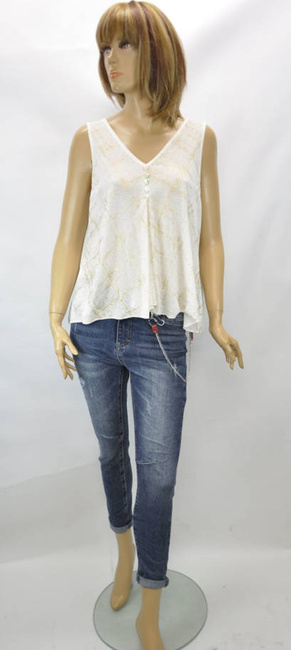 Import włoska damska letnia bluzka Cienka przewiewna bluzka na ramiączka z dekoltem V ozdobne guziczki ecru