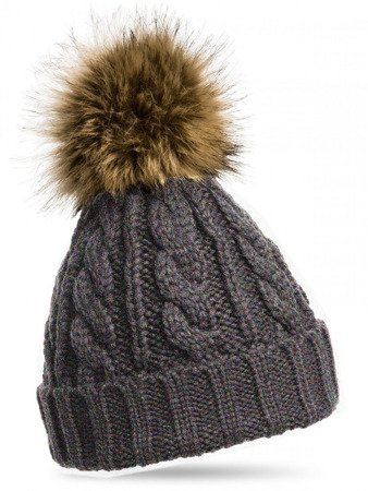 Mikos Damen Strickmütze mit Fellbommel Bommelmütze Zopfmuster oder Rippstrick mit großem Kunstfellbommel