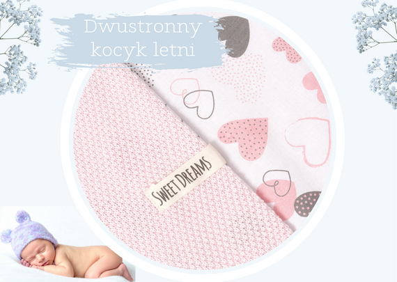 Mikos Kocyk dziecięcy bawełniany dwustronny dzianinowy cienki na lato do wózka łóżeczka do przedszkola niemowlęcy tkany wafelkowy z wypełnieniem 1041 róż/serca