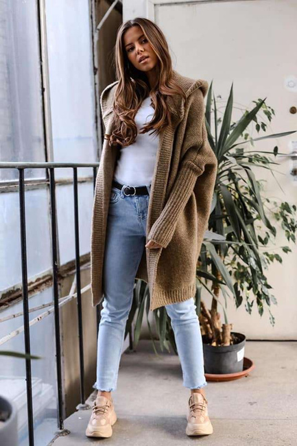 Sweter kardigan Me Gusta z kapturem mokka