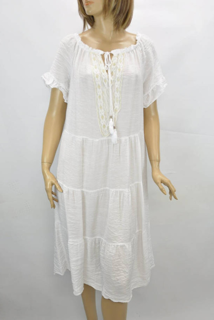 Import Włoska sukienki damska Sukienka lniana hiszpanka na lato za kolano wiązany dekolt biała z lnu