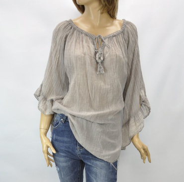 Import włoska damska letnia Cienka zwiewna bluzka damska z szerokim rękawem zakończonym falbanką i dekoltem regulowanym troczkami