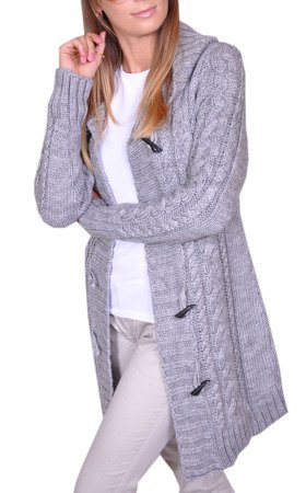 Damen Strick Jacke Mantel Pullover Neu mit Kapuze Beige Grau Warm