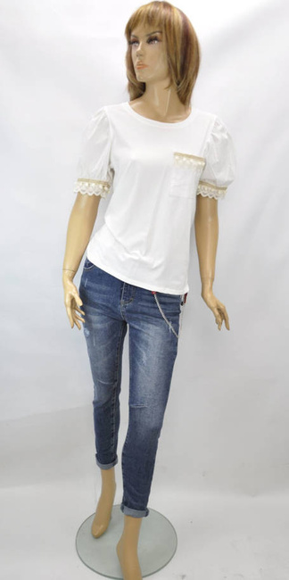 Import włoska damska letnia Bawełniana bluzka z krótkim rękawem i kieszonką ozdobiona falbanką biała