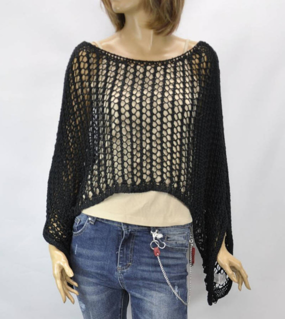 Import włoski damski Krótki letni ażurowy sweter ponczo na plażę typu nietoperz czarny