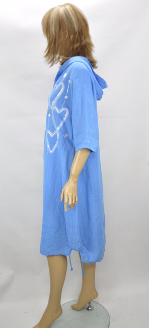 Letnia sukienka lniana z kapturem i kieszeniami niebieska