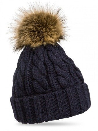 Mikos Damen Strickmütze mit Fellbommel Bommelmütze Zopfmuster oder Rippstrick mit großem Kunstfellbommel