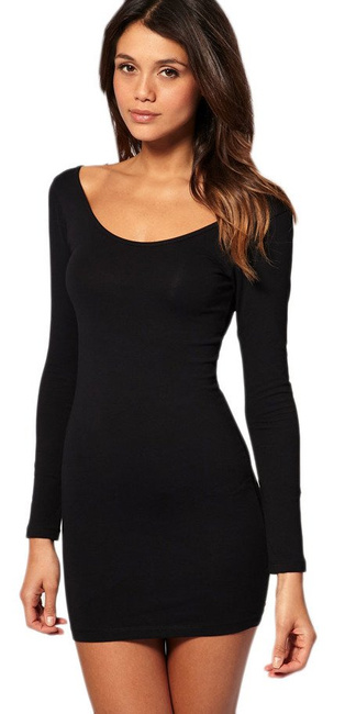 Ellegant Damen Kleid Langarm MINI Dress Dekollete Farbwahl