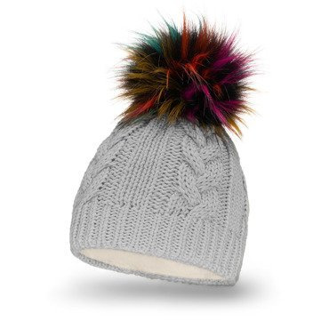 Mikos Polska ciepła Damska czapka zimowa w warkocze gruby splot podwójna podszyta polarem z dużym kolorowym pomponem na narty polski producent polski produkt HAT 684 szary