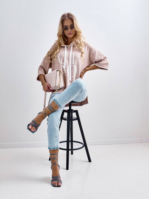 Sweter Cocomore luźna bluza z kapturem i napisami ciao beżowy