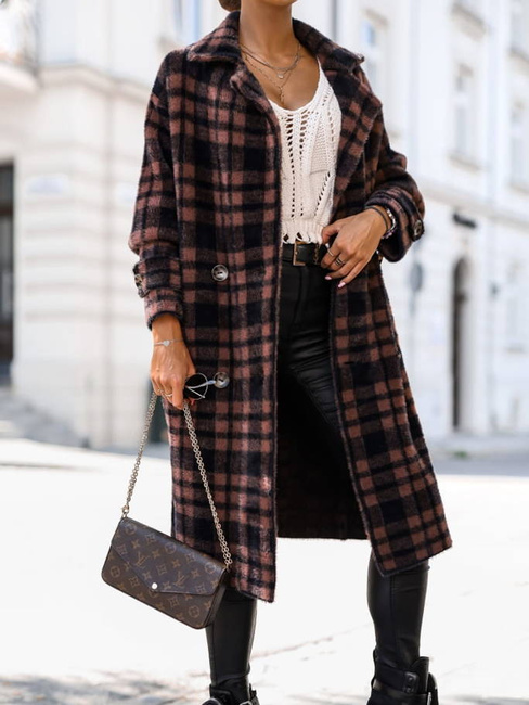 Długi kardigan płaszcz typu alpaka w kratę Cocomore