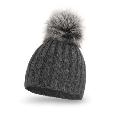 Mikos Polska klasyczna ciepła Damska czapka zimowa na ferie na narty polski producent polski produkt w prążki z dużym pomponem 672 grafitowa