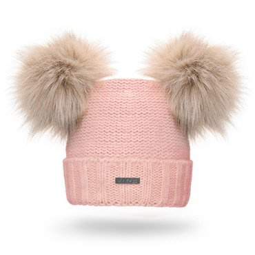Mikos Polska klasyczna ciepła Damska czapka zimowa gruby splot wełna podwójna podszyta polarem z dwoma dużymi pomponami na ferie 689 pudrowy róż