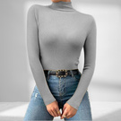 Dopasowany cienki sweter golf damski bawełniany w prążki z długim rękawem 705 szary