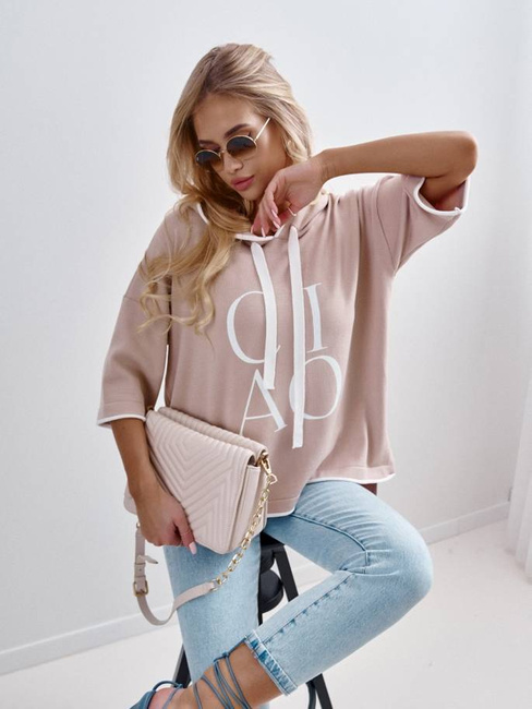 Sweter Cocomore luźna bluza z kapturem i napisami ciao beżowy