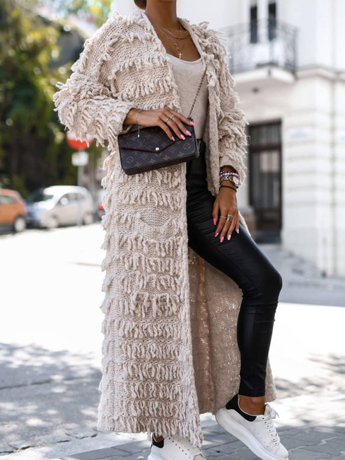 Cocomore swetry Długi sweter damski z frędzlami Cocomore beżowy