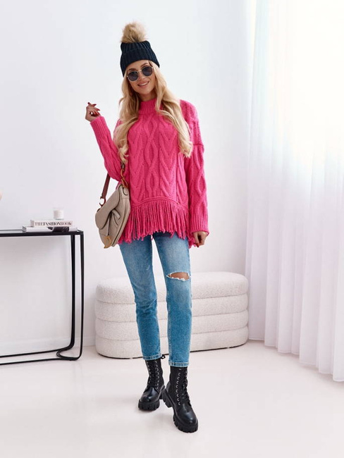 Gruby sweter Cocomore z długim rękawem i frędzlami splot warkocz fuksja