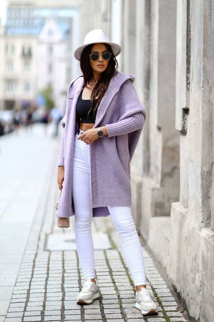 Sweter kardigan Me Gusta z kapturem wrzosowy