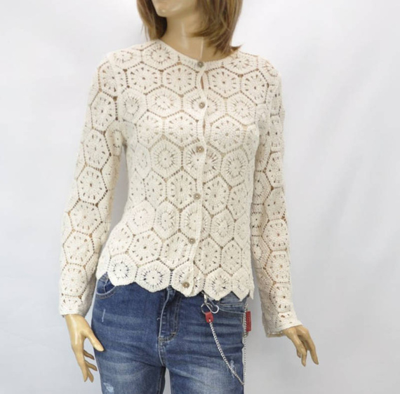 Import włoskie damskie Ażurowe wdzianko bolerko z długim rękawem zapinane na guziki beż