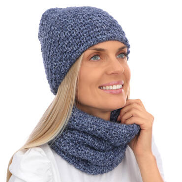 Mikos ciepły komplet damski czapka zimowa podszyta polarem komin szalik tuba tunel gruby na zimę na narty na ferie na wyjazd polski produkt polski producent 690  niebieski melanż