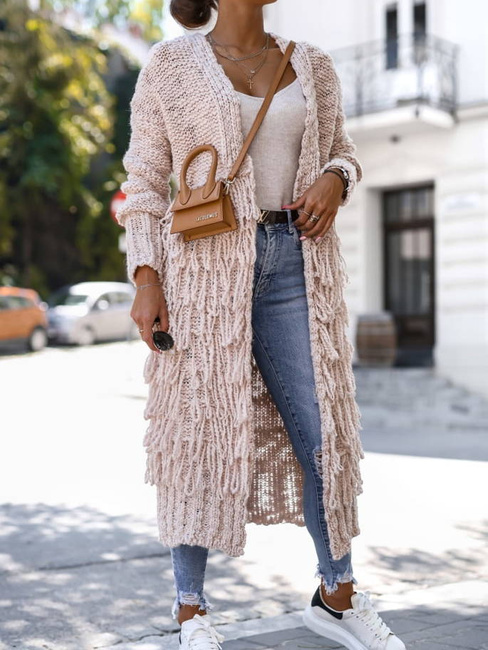 Cocomore swetry Długi sweter damski z frędzlami do połowy jasny róż