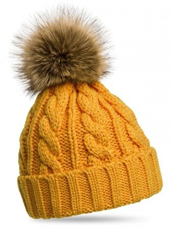 Mikos Damen Strickmütze mit Fellbommel Bommelmütze Zopfmuster oder Rippstrick mit großem Kunstfellbommel