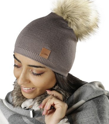 Mikos Damen Frauen Strickmütze Mütze | Herbst Winter | Beanie Mit Kunstfellbommel | Kristalle Kiesel mit Pelz Bommel Pompon (660)