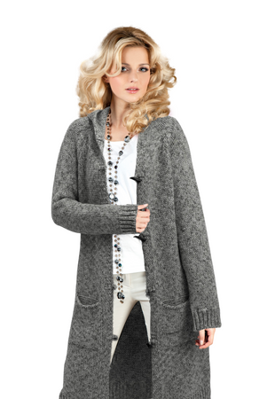 Damen Strick Jacke Mantel Pullover Neu mit Kapuze Beige Grau Warm