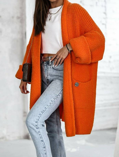 Kardigan Cocomore sweter z kieszeniami i długim rękawem pomarańczowy