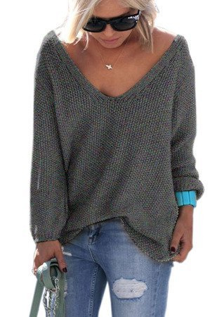 Mikos Luźny Sweter damski w serek z dużym dekoltem w kształcie litery V 617 - grafitowy