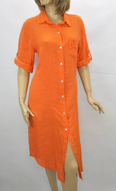 Import Włoska sukienki damska Sukienka koszulowa zapinana na guziki z kołnierzykiem za kolano 100% len z lnu