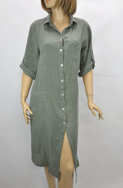 Import Włoska sukienki  damska Sukienka koszulowa zapinana na guziki z kołnierzykiem  za kolano 100% len khaki z lnu